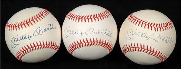 Mickey Mantle Collection of 3 Single Signed Baseballs