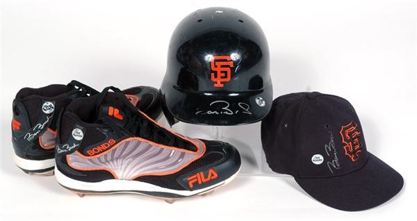 Baseball Equipment - Barry Bonds Autographed Game Used Collection (3) Including Batting Helmet