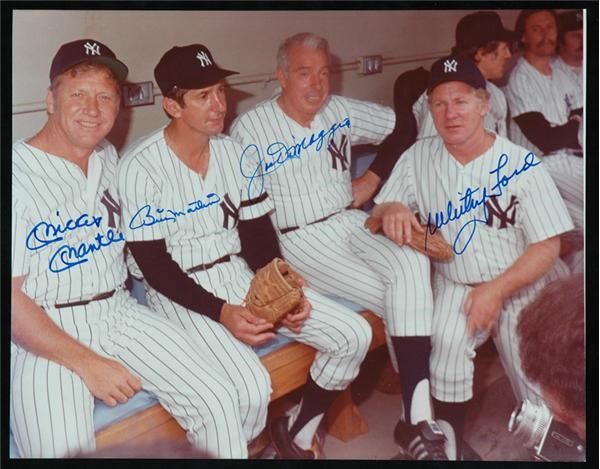 Baseball Autographs - Mickey Mantle, Billy Martin, Joe Dimaggio and Whitey Ford Signed 11 x 14 Photo