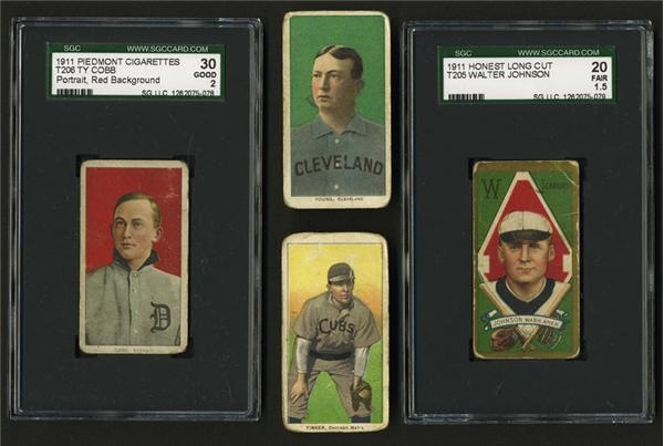 Baseball and Trading Cards - Ty Cobb T206 Red Background SGC Graded 2 with Cy Young, Joe Tinker and T205 Walter Johnson SGC 1.5