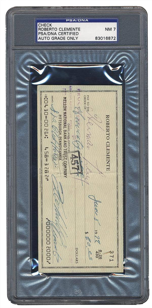Clemente and Pittsburgh Pirates - Roberto Clemente Signed Check PSA7