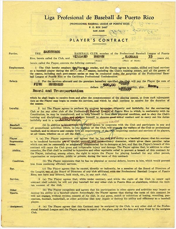 Baseball Memorabilia - 1953-54 Willard Brown Signed Baseball Contract with Fingerprint