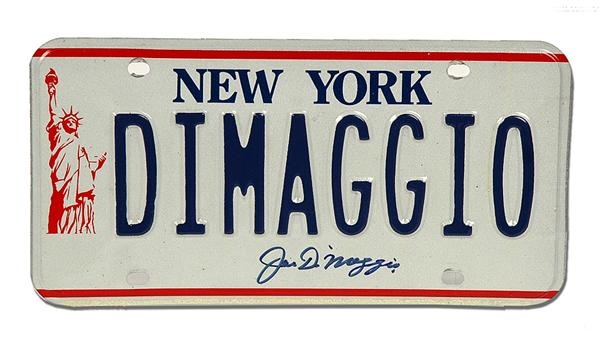 NY Yankees, Giants & Mets - 1970's DiMaggio Signed License Plate