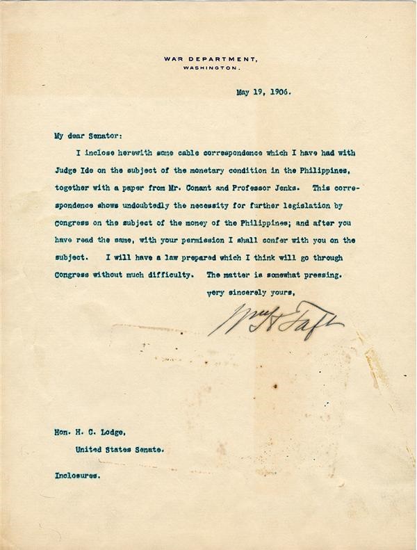 - 1906 William Howard Taft Letter to Henry Cabot Lodge