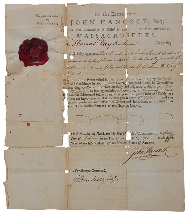 - 1781 John Hancock Signed Document with Luke Day “Shay’s Rebellion” Family Archive