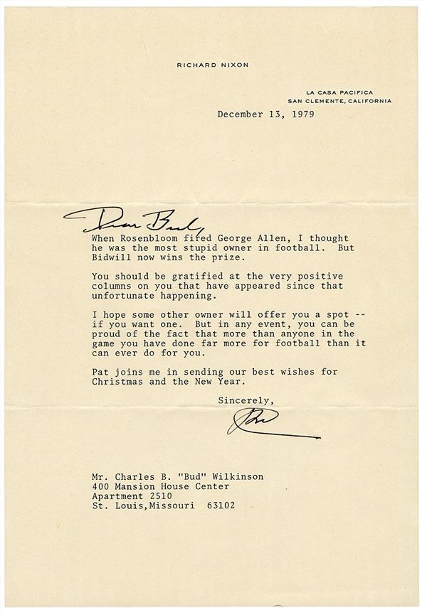 Bud Wilkinson - Signed Letter From Richard Nixon Calling Bidwill "The Most Stupid Owner In Football"