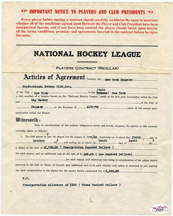 - 1927-28 Reg Mackey New York Rangers Signed Contract with Lester Patrick Signature