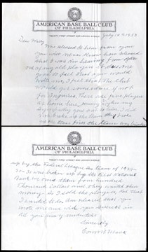 Philadelphia Baseball - 1953 Connie Mack Handwritten Letter
