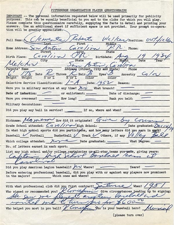 Clemente and Pittsburgh Pirates - 1954 Roberto Clemente Signed Pittsburgh Pirates Questionnaire