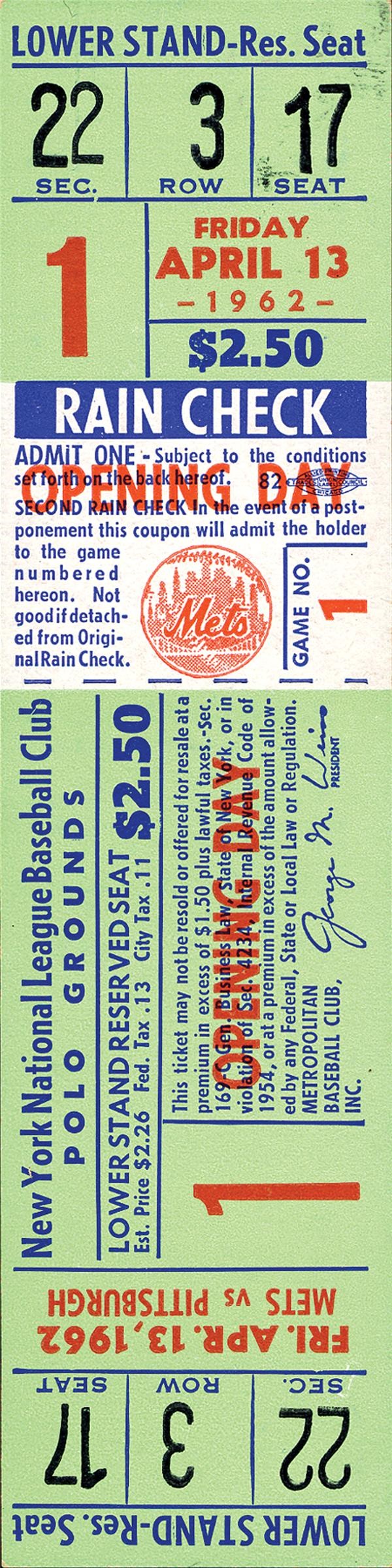 - April 13, 1962 New York Mets First Home Game Full Ticket