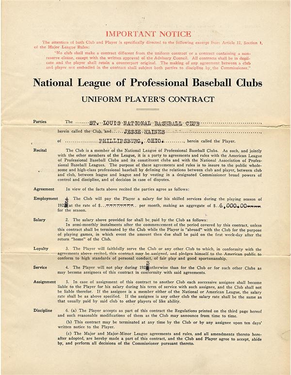 - 1923 Jesse Haines St Louis Cardinals Signed Players Contract