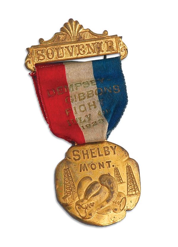 - 1923 Jack Dempsey vs. Tommy Gibbons Souvenir Pin with Ribbon