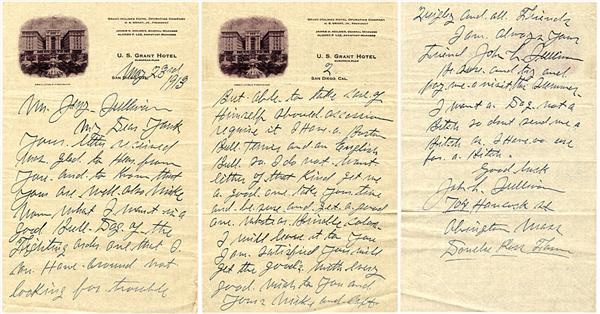 - 1913 John L. Sullivan Twice Signed Three Page Handwritten Letter
