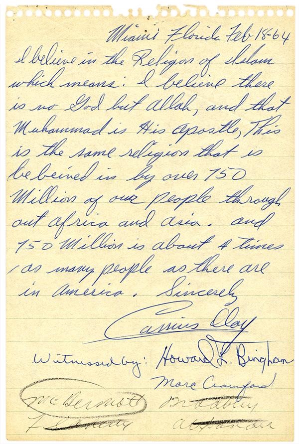 - Very Important 1964 Cassius Clay Signed Handwritten Letter Regarding Islam