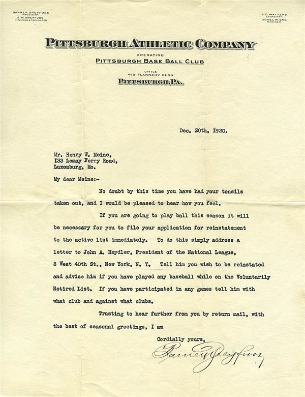 - 1930 Barney Dreyfuss Signed Letter