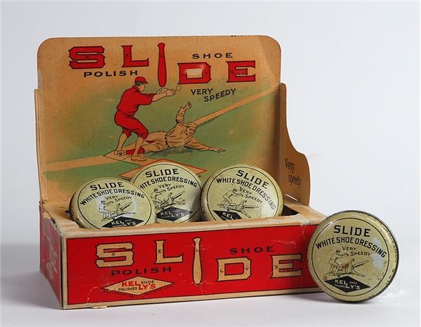 19th Century Baseball - 1890's Slide Kelly Slide Shoe Polish Tins in Original Display Box