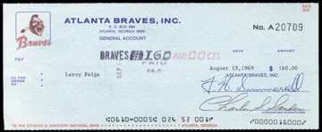 Baseball Memorabilia - 1969 Leroy "Satchel" Paige Atlanta Braves Payroll Check