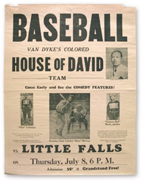 Baseball Memorabilia - 1930's Colored House of David Baseball Broadside (18x24")