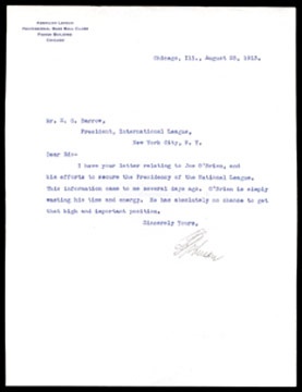 Ed Barrow - 1913 Ban Johnson Signed Letter