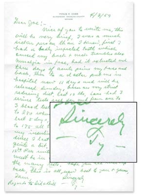 Ty Cobb - 1959 Ty Cobb Handwritten Letter
