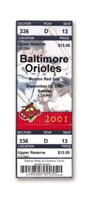Baltimore Orioles - Cal Ripken Jr. Final Game Tickets from October 6, 2001