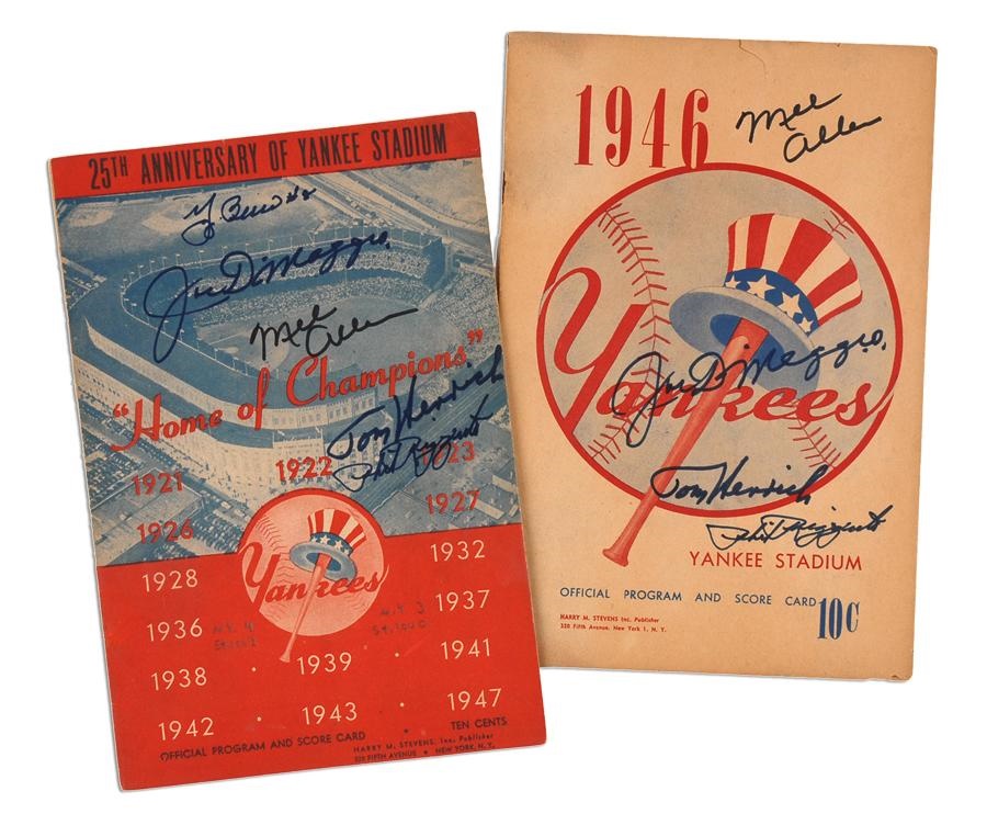 NY Yankees, Giants & Mets - 2 New York Yankee Signed Score Cards with Joe DiMaggio