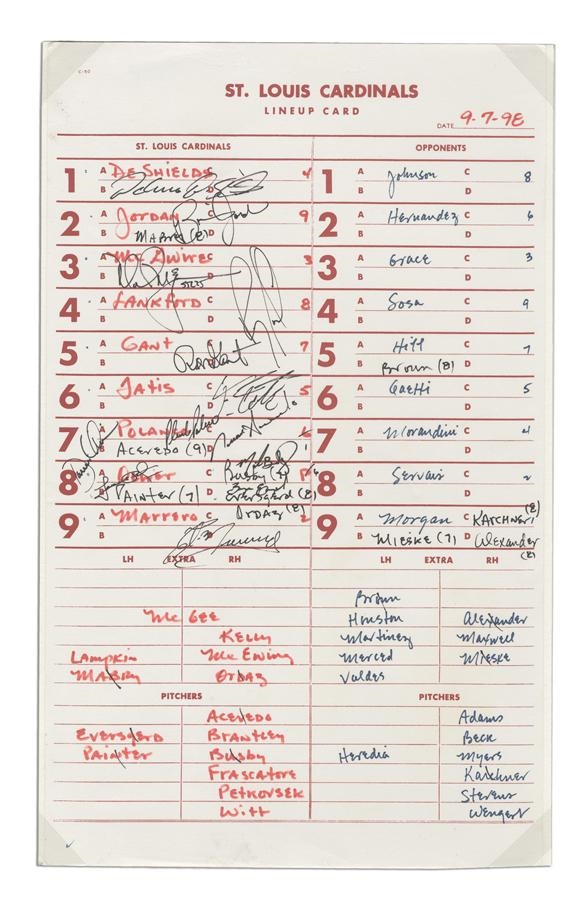 Baseball Memorabilia - Mark McGwire 61st Home Run Autographed Lineup Card