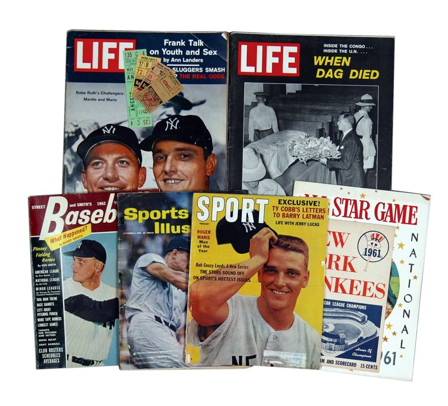 NY Yankees, Giants & Mets - Roger Maris Collection includes 60th Home Run Ticket Stubs, 2 Wire Photos and 23 Magazines & Yearbooks