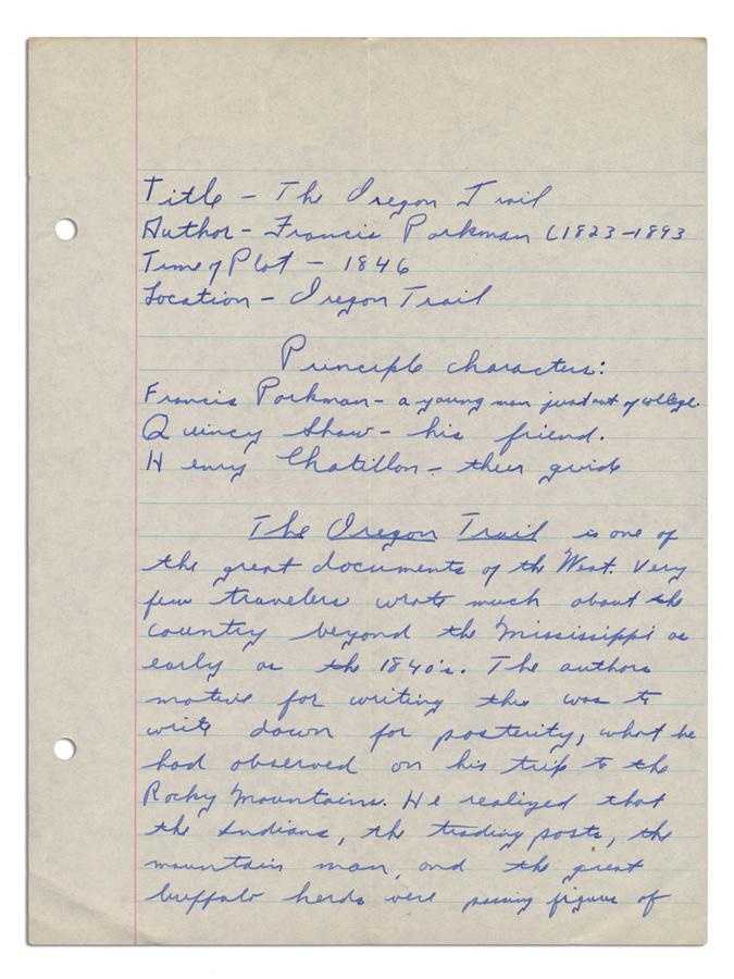 - Ernie Davis Hand-Written Paper on Oregon Trail 5 pages