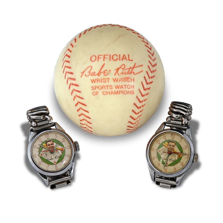 Baseball Memorabilia - 2 Babe Ruth Watches with One Original Baseball Holder