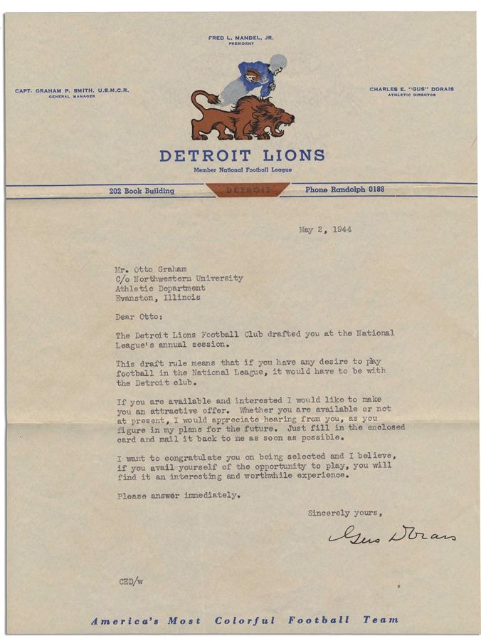 Otto Graham - Important 1944 Otto Graham First Draft Choice Letter