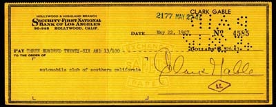 Clark Gable Signed "Automotive" Check