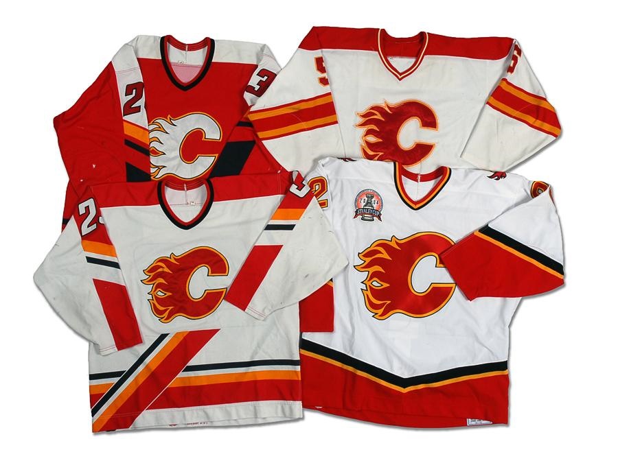 1993-94 Chris Dahlquist, 1997-98 Aaron Gavey Home & Road, and 2004 Martin Sonnenberg Calgary Flames Stanley Cup Finals Game Worn & Issued Jerseys (4)