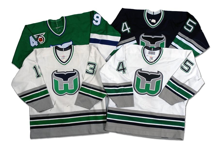 Game Used Hockey - Circa 1991-92 Mario Gosselin, 1993-94 John Stevens Home & Road, 1994-95 Ted Drury Hartford Whalers Game Worn Jerseys (4)