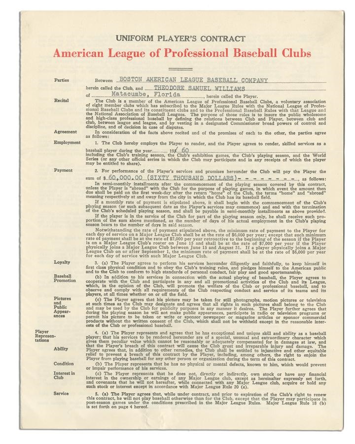 Boston Sports - 1960 Ted Williams Signed Red Sox Contract