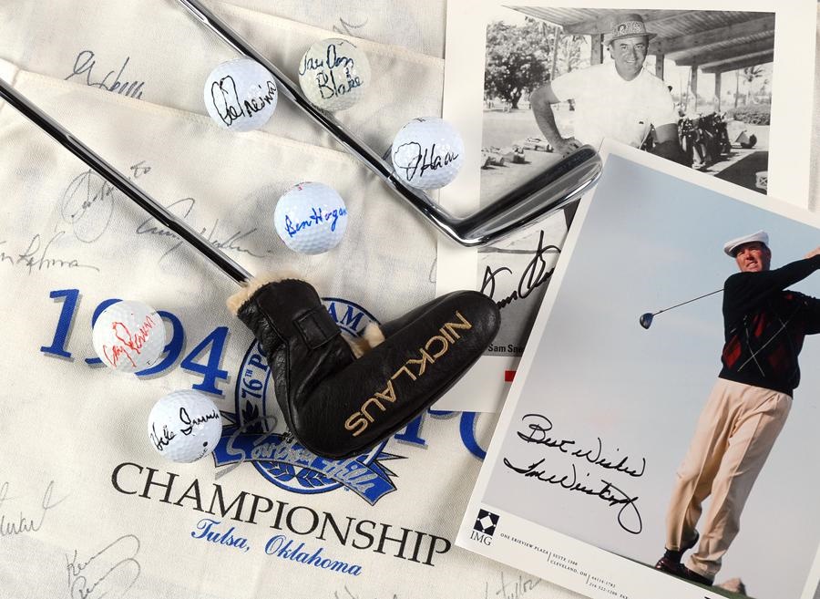 - Collection of Signed Golf Items Including Jack Nichlaus and Arnold Palmer Signed Putters