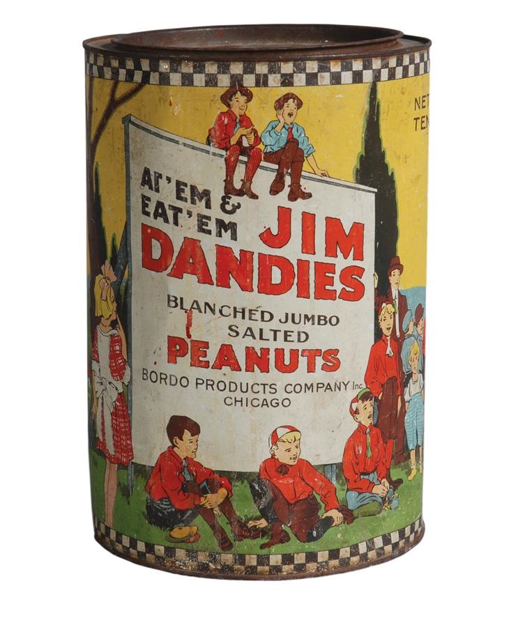 - 1920s Jim Dandies Large Baseball Peanut Tin
