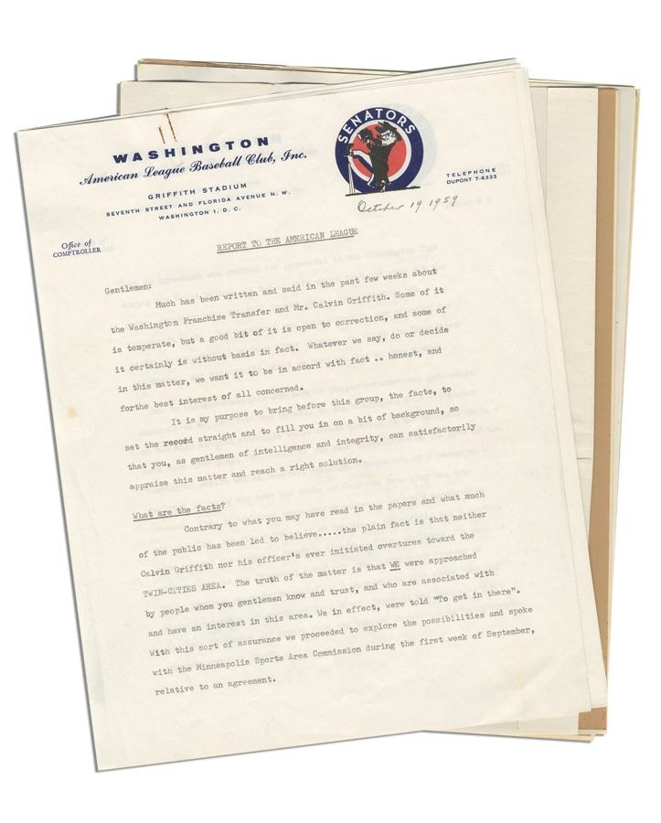 The Fred Budde Collection - 1959 Washington Senators Letter to American League Owners Requesting Move to Twin Cities