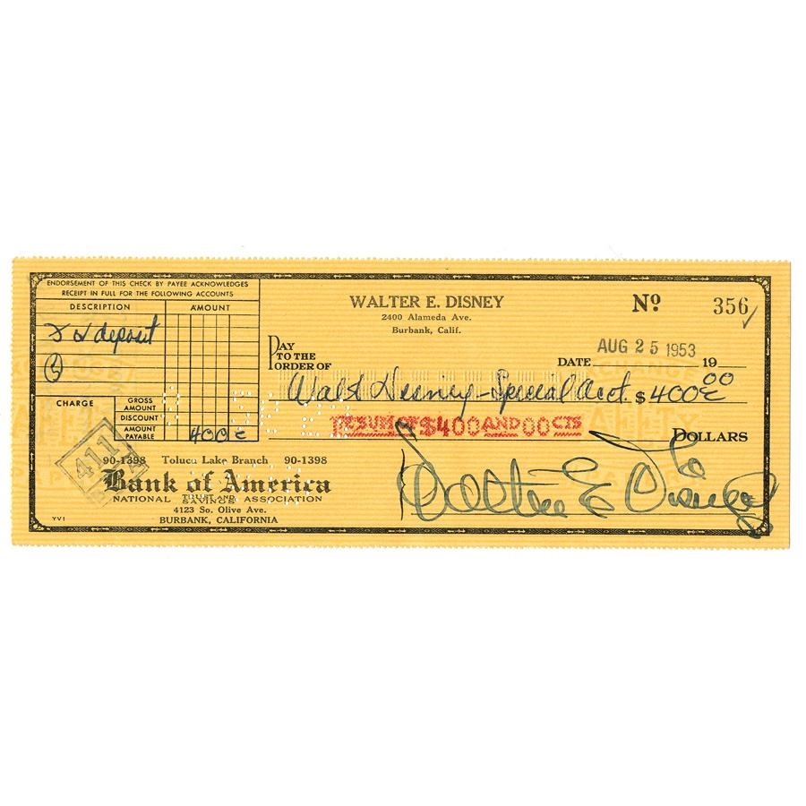 - 1953 Walt Disney Signed Bank Check