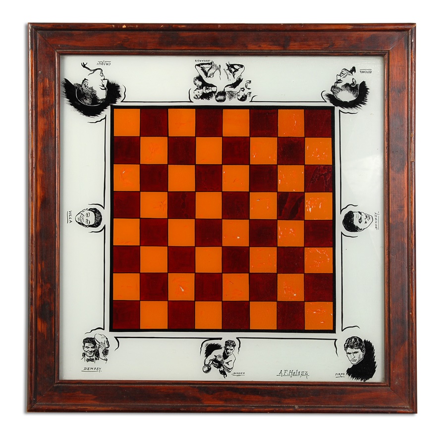 - 1920's Reverse-Painting-On-Glass Boxing Checkerboard