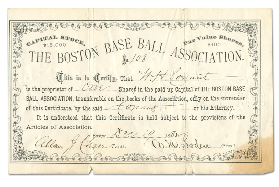 Boston Sports - 1882 Boston Baseball Association Stock Certificate