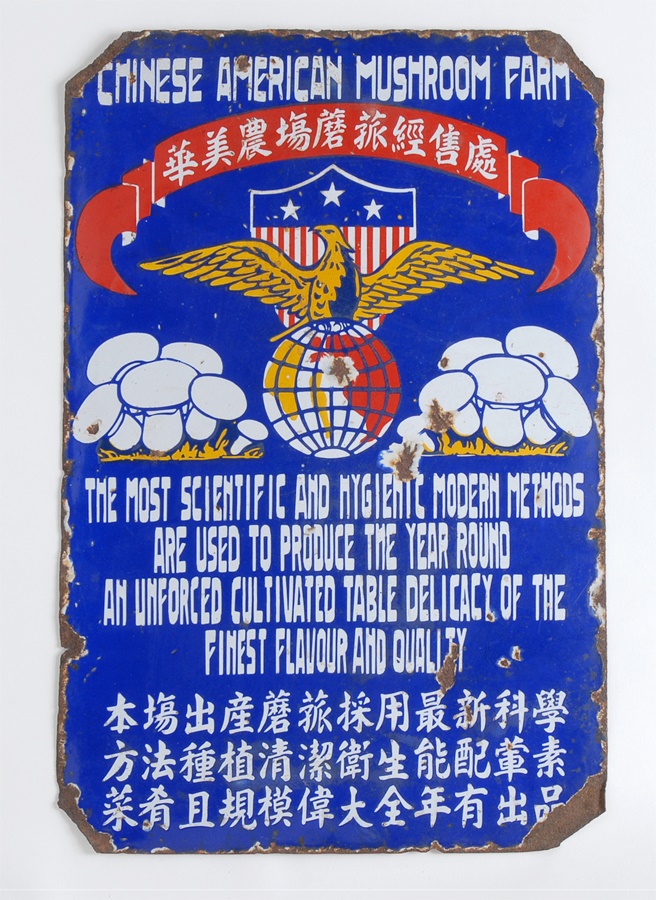 - 1930s Chinese American Mushroom Farm Enamel Sign