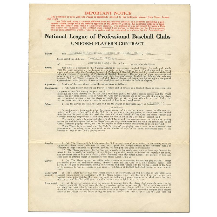 The Sal LaRocca Collection - 1934 Hack Wilson Signed Brooklyn Dodgers Contract