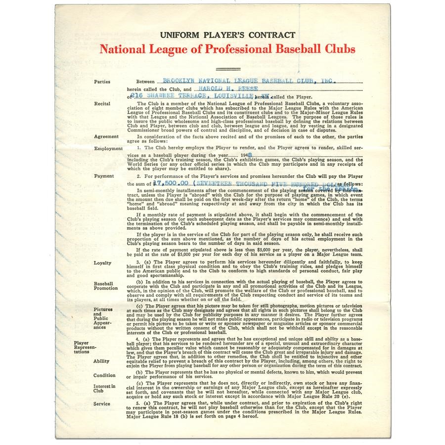 The Sal LaRocca Collection - 1948 Pee Wee Reese Signed Brooklyn Dodgers Contract