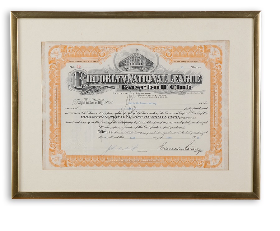 The Sal LaRocca Collection - 1948 Brooklyn Dodgers Stock Certificate