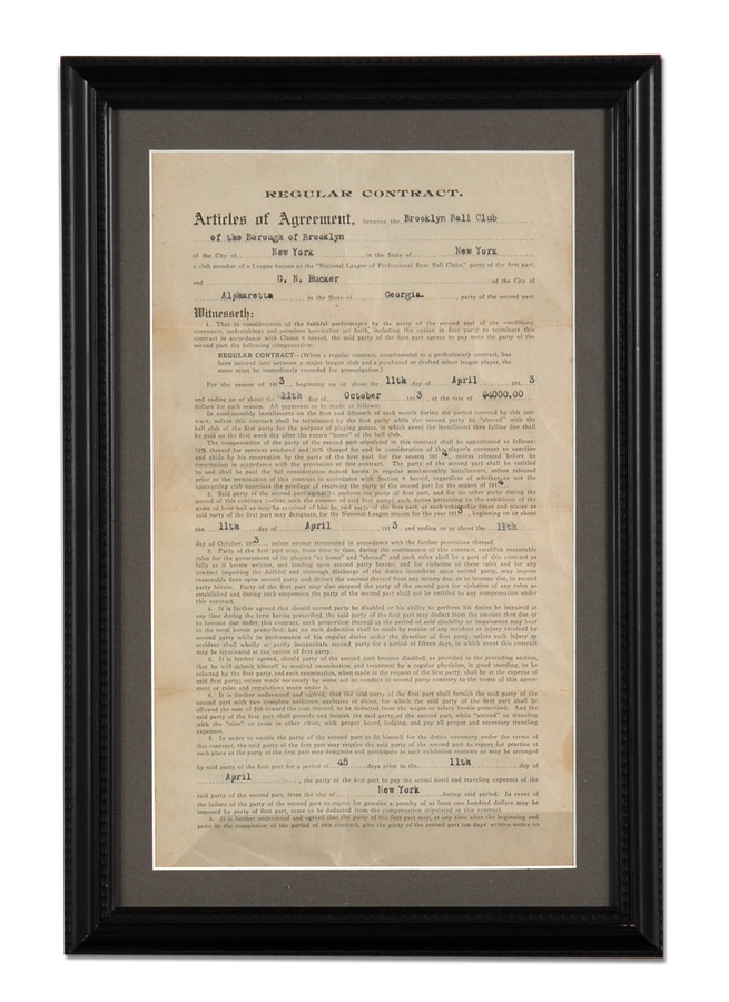 The Sal LaRocca Collection - 1913 Nap Rucker Signed Brooklyn Ball Club Contract