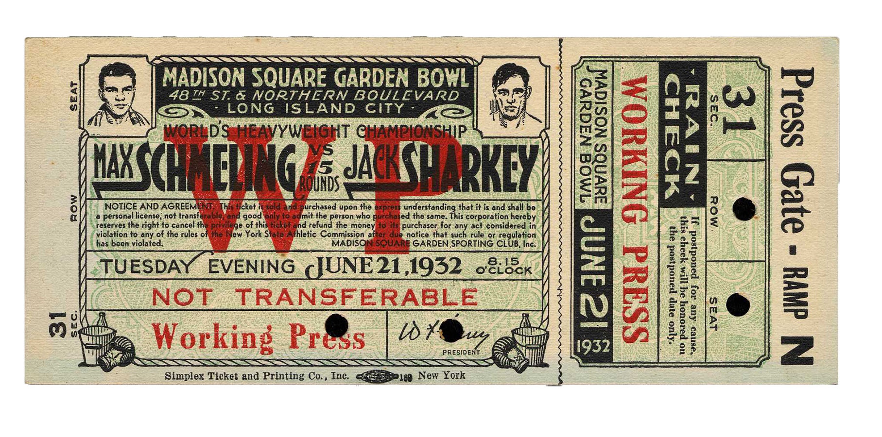 The Mark Mausner Boxing Collection - Schmeling-Sharkey Full Ticket (1932)