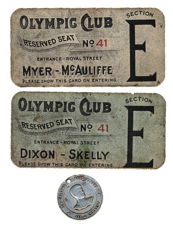 Dixon-Skelly & Myer-McAuliffe Full Tickets (1892) & Corbett-Sullivan Souvenir Coin