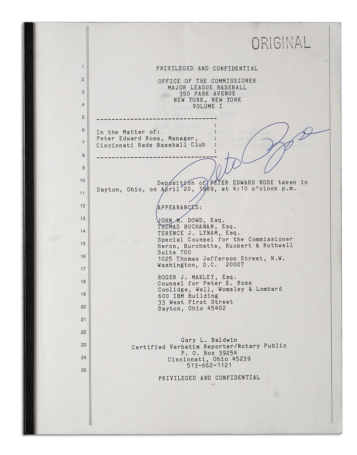 Baseball Memorabilia - Original Dowd Report (not a copy) Signed by Pete Rose