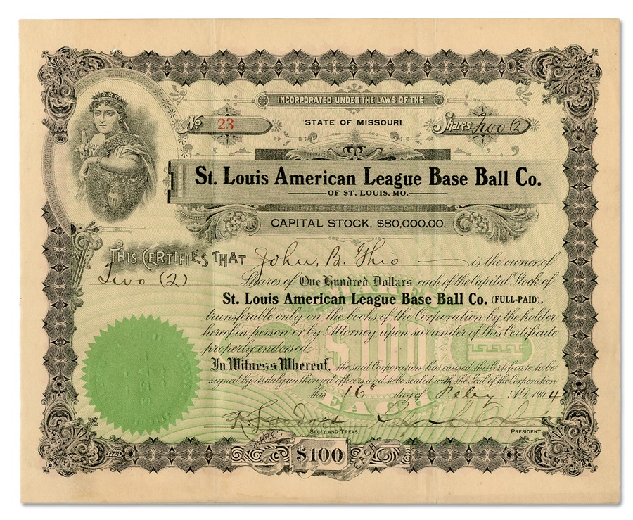 1911 St. Louis American League Base-Ball Co. Stock Certificate